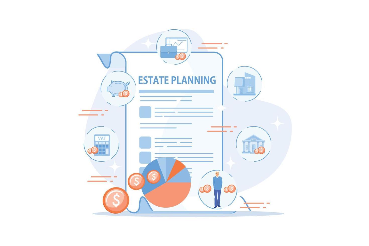 Financial analysis and budgeting. Property taxes and expenses. Estate planning, real estate assets control, keep documents in order concept. flat vector modern illustration
