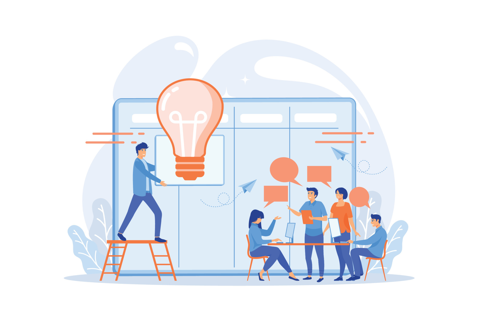 Managers at training manager skills and brainstorming at board