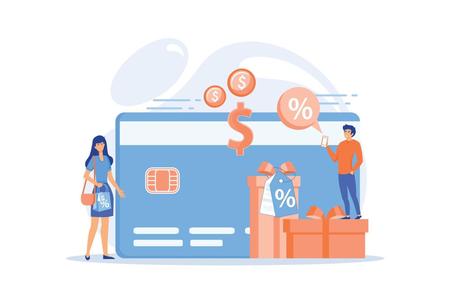 Debit card, gift box and users. Online card payment and plastic money, bank card purchase and shopping, e-commerce and secure bank saving concept. flat vector modern illustration