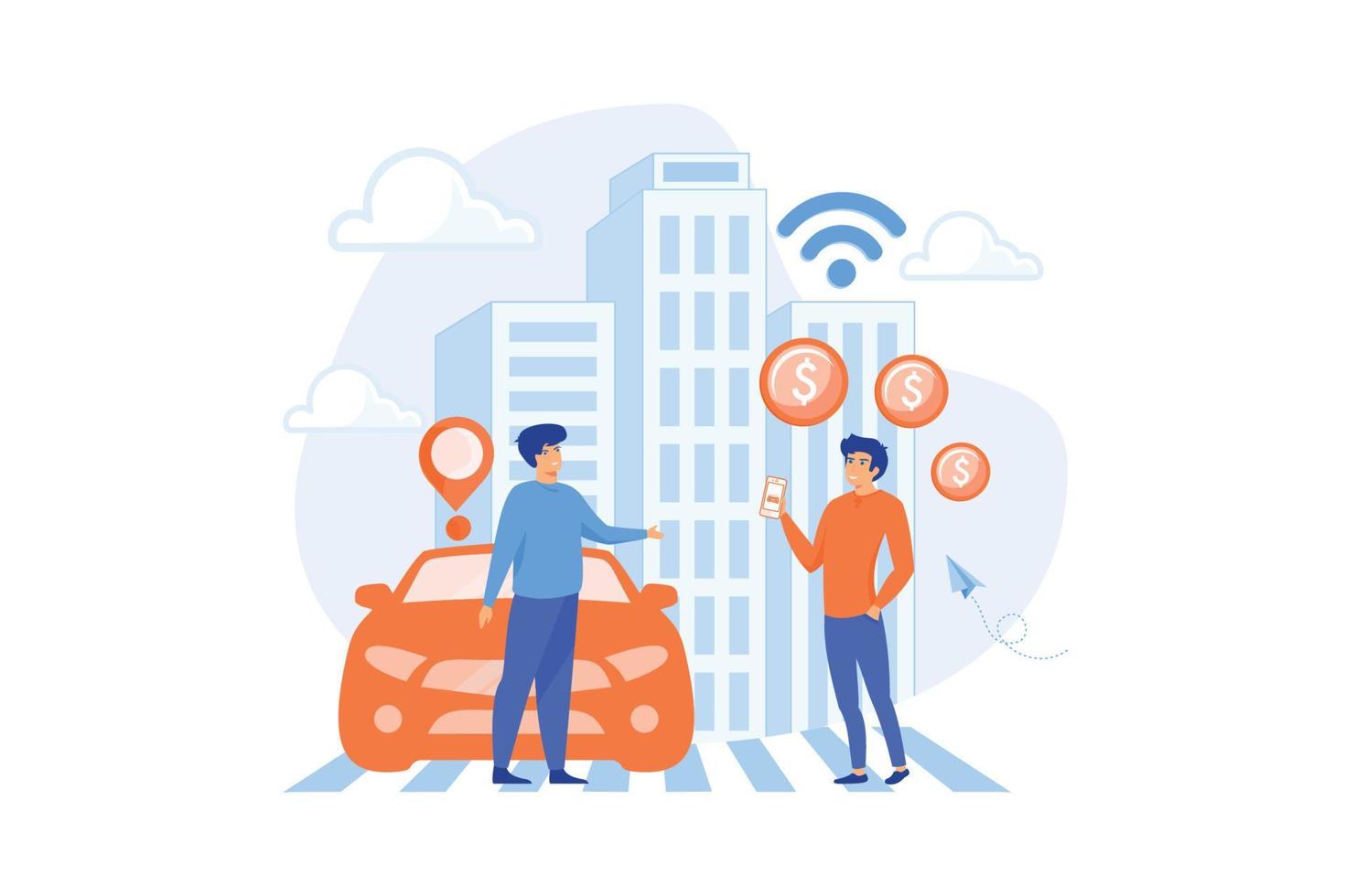 Businessman with smartphone rents a car in the street via carsharing service. Carsharing service, short periods rent, best taxi alternative concept. flat vector modern illustration