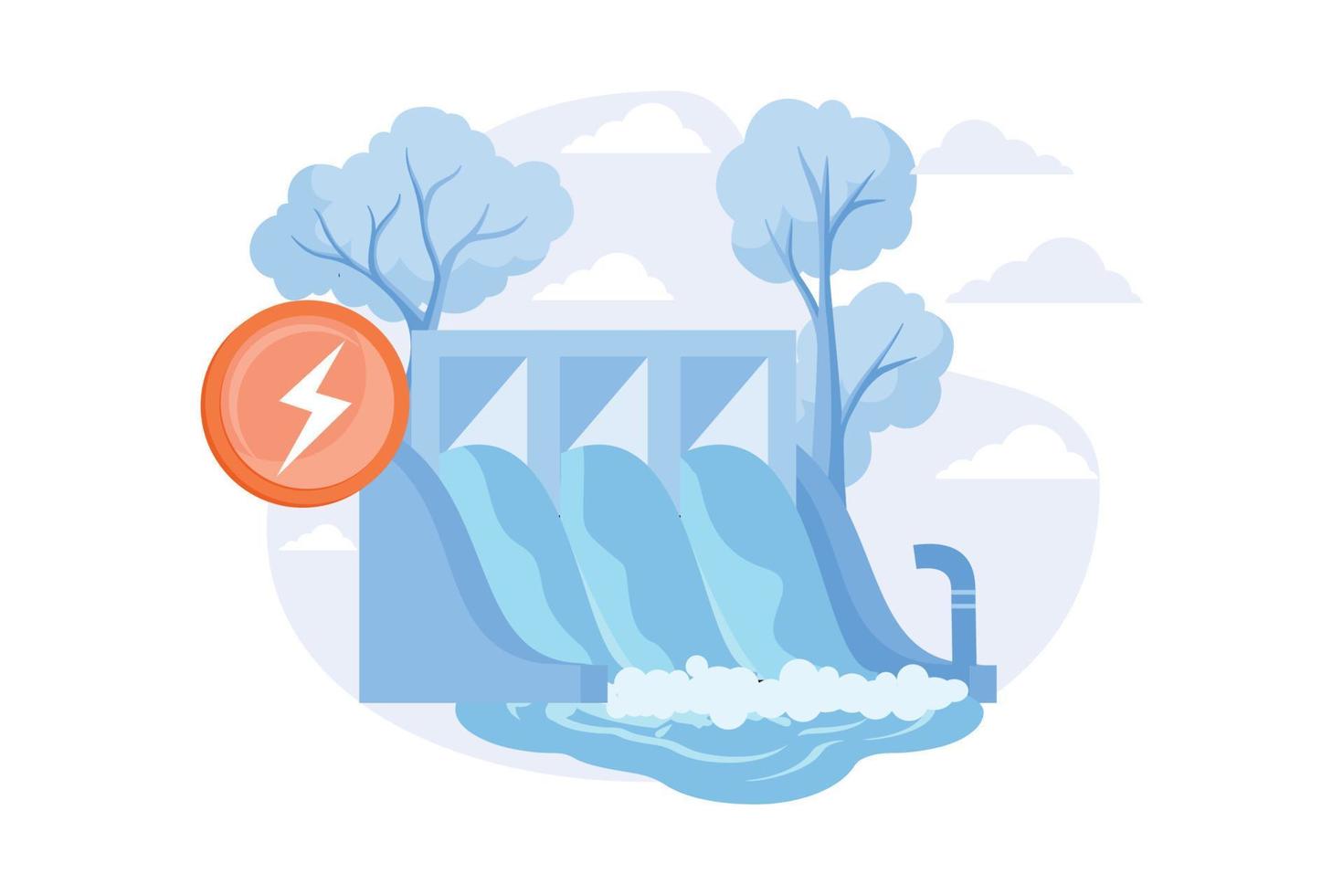 central hidroeléctrica, uso de energía de masa de agua, presa y embalse. flujos de canal y movimientos de marea, generación de energía hidroeléctrica vector plano ilustración moderna