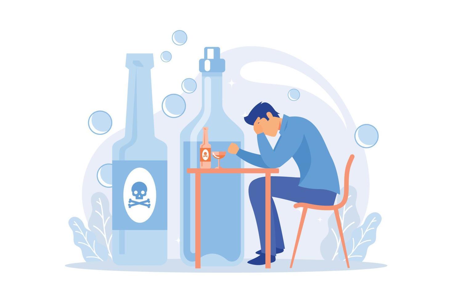 borracho deprimido, alcohólico con resaca. consumo excesivo de alcohol, problema de alcoholismo, abuso de bebidas alcohólicas. tipo con adicción al alcohol, problema psicológico. ilustración moderna de vector plano