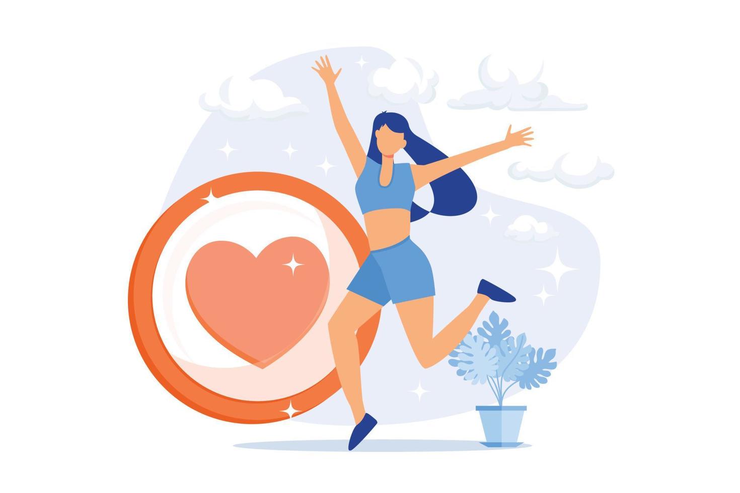 Body positive happy woman. Social media influencer, plus size model, healthy lifestyle. Cheerful overweight girl in underwear cartoon character.  flat vector modern illustration