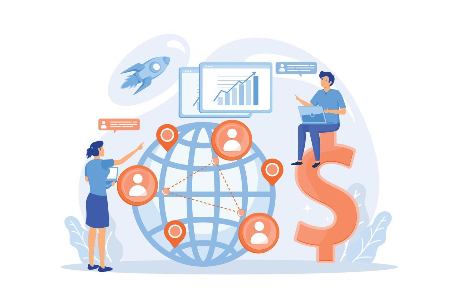 Salespeople team working remotely with customers all over the world and dollar sign. Virtual sales, remote sales method, virtual sales team concept.  flat vector modern illustration