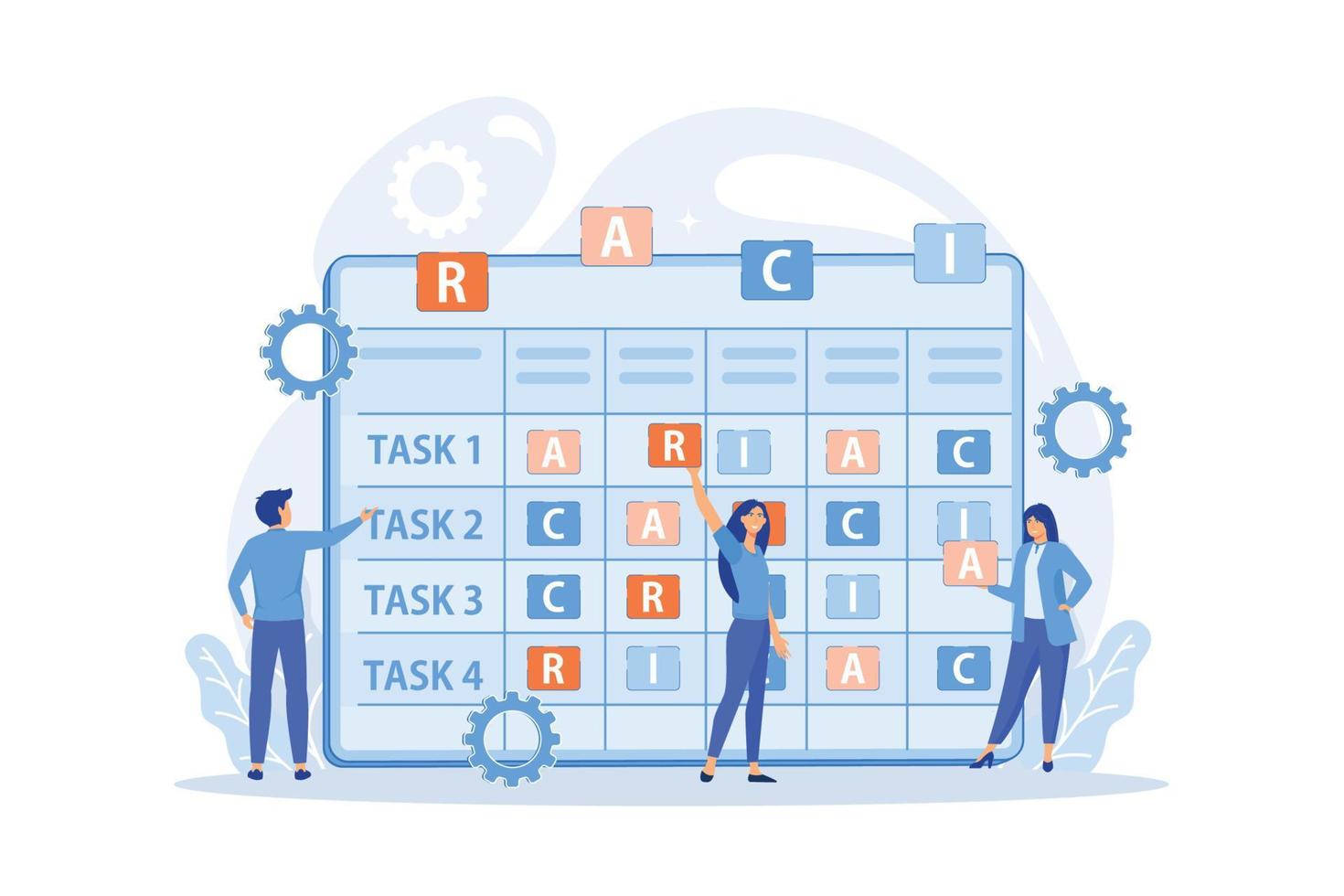 diminutos empresarios en el gráfico de responsabilidad con tareas. matriz raci, matriz de asignación de responsabilidad, concepto de gráfico de responsabilidad lineal. ilustración moderna de vector plano