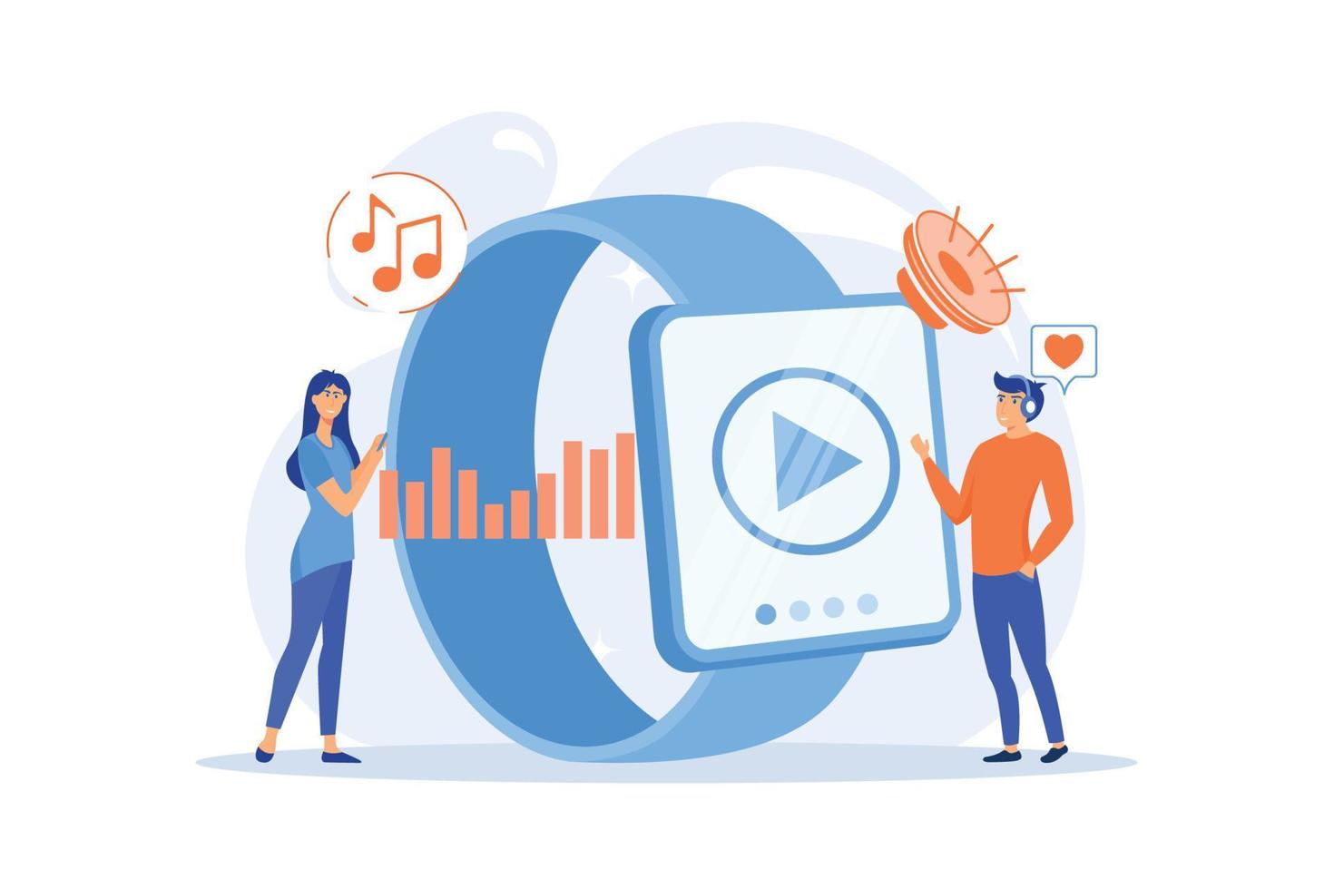 Users listening and huge smartwatch with player icon. Smartwatch player, smartwatch media and portable media player concept on white background. flat vector modern illistration