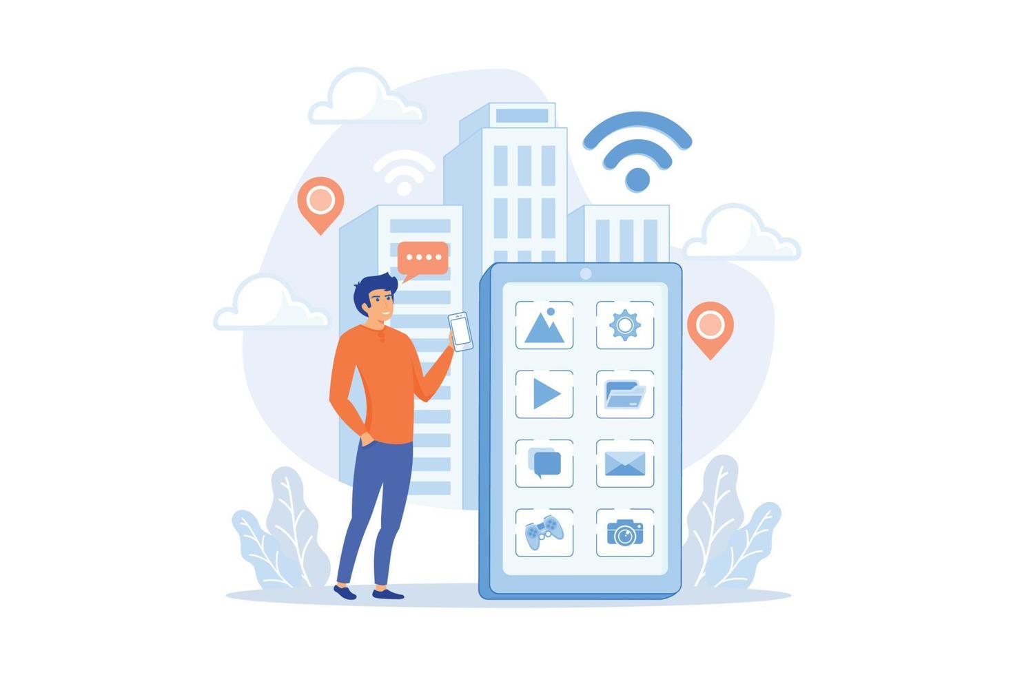 A mens near huge smartphone with application icons on the screen checking social media and news feeds. Social media, news tips, IoT and smart city concept. flat vector modern illustration
