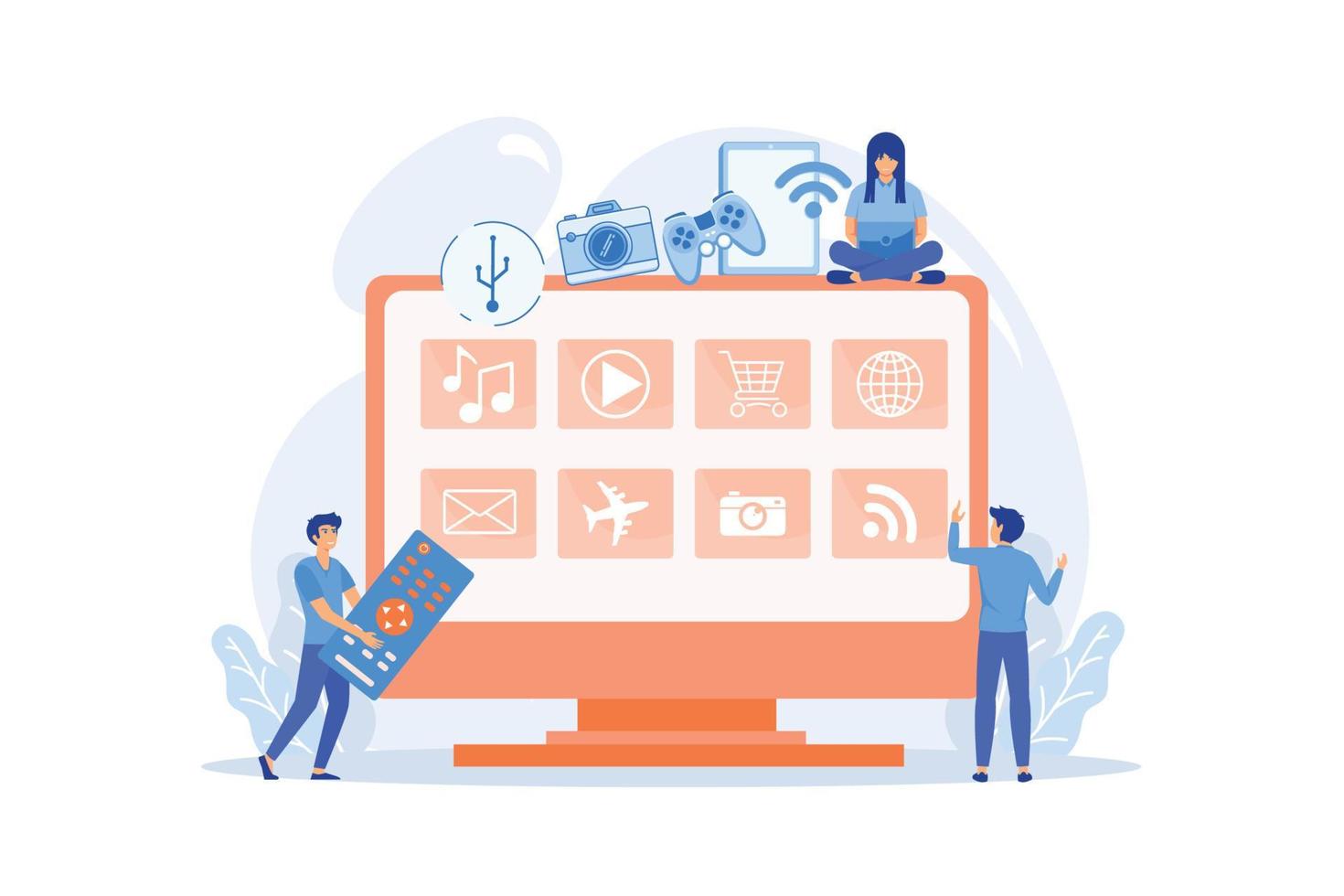 Tiny people using smart television connected to modern digital devices. Smart TV accessories, interractive TV entertainment, gaming TV tools concept.flat vector modern illustration