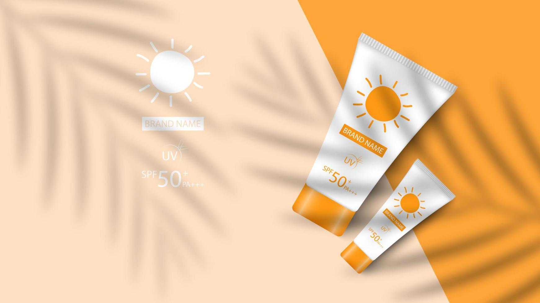 Sunblock product design mockup background, cosmetic advertisement design, vector illustration