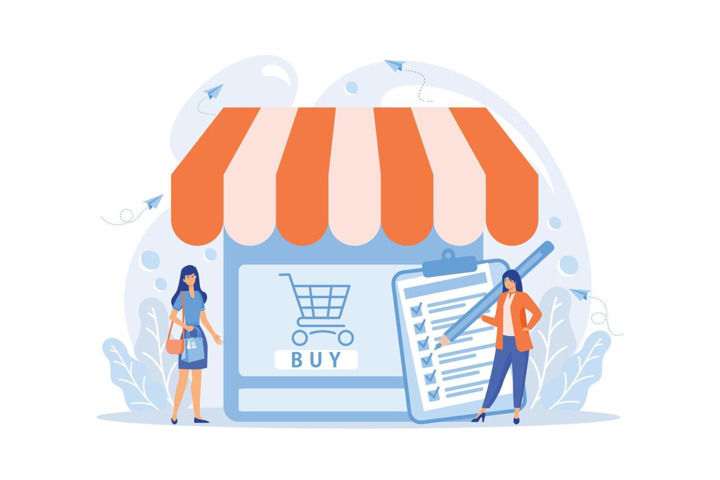 woman doing purchases from shopping list. Customer with package, buying goods. Purchase agreement, in-app purchase, buying process concept. flat vector modern illustration