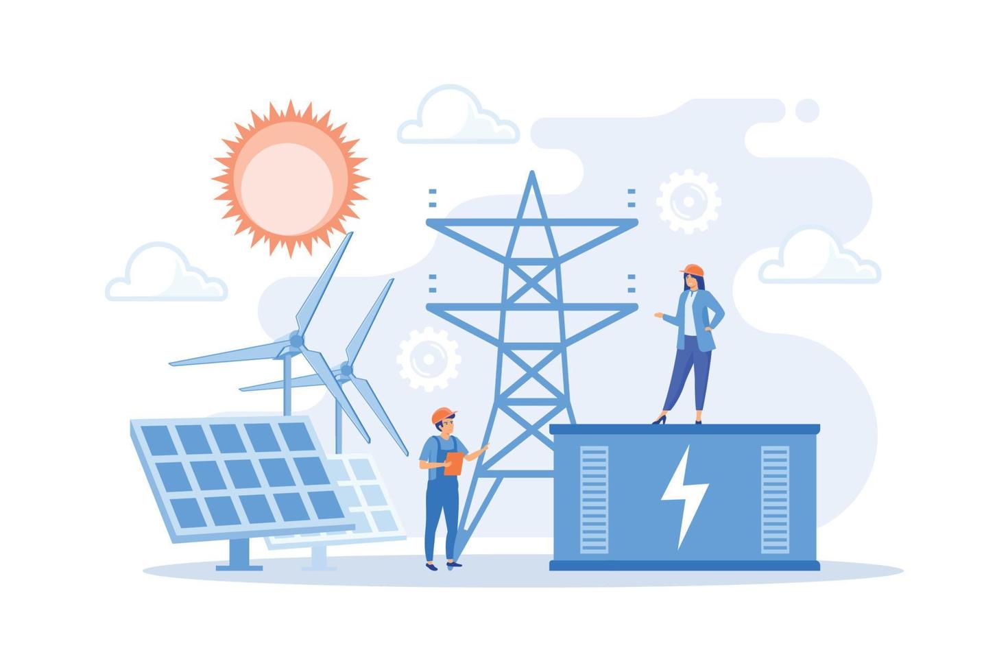 almacenamiento de energía de la batería de la estación de energía solar y eólica renovable. almacenamiento de energía, métodos de recolección de energía, concepto de red eléctrica. ilustración moderna de vector plano