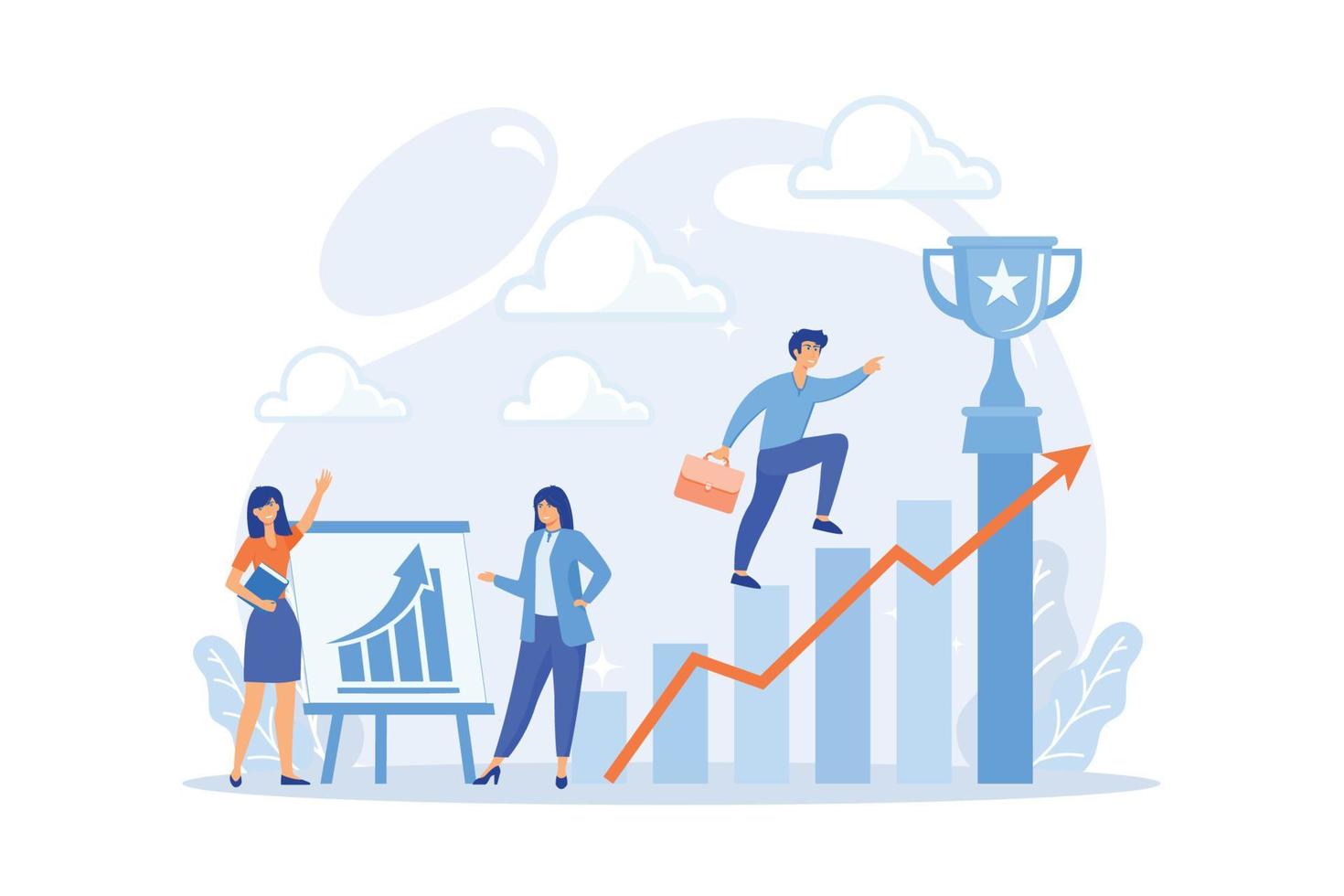 Job promotion flat vector illustration. Business trainer, career progress, self improvement concept. Leader getting golden trophy cartoon character.flat vector modern illustration