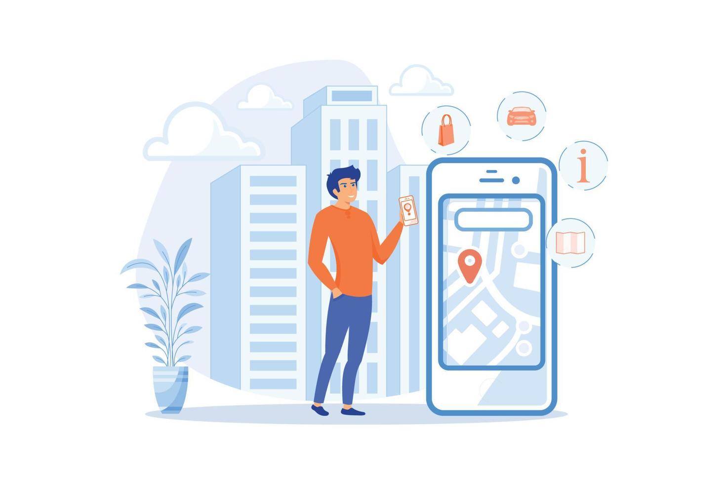 A man near huge LCD screen with city map and gps tags on the screen getting information about the city. Mobile center, smart guide, IoT and smart city concept. flat vector modern illustration