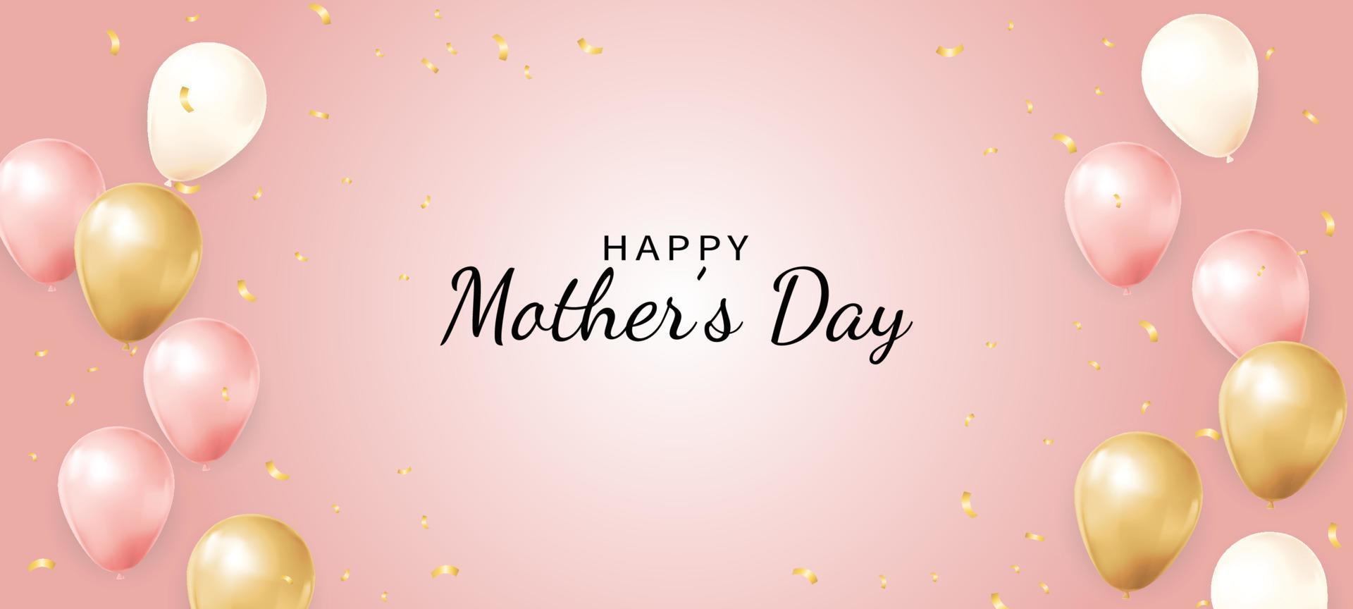 Mother's day vector banner with pink, white and gold balloons