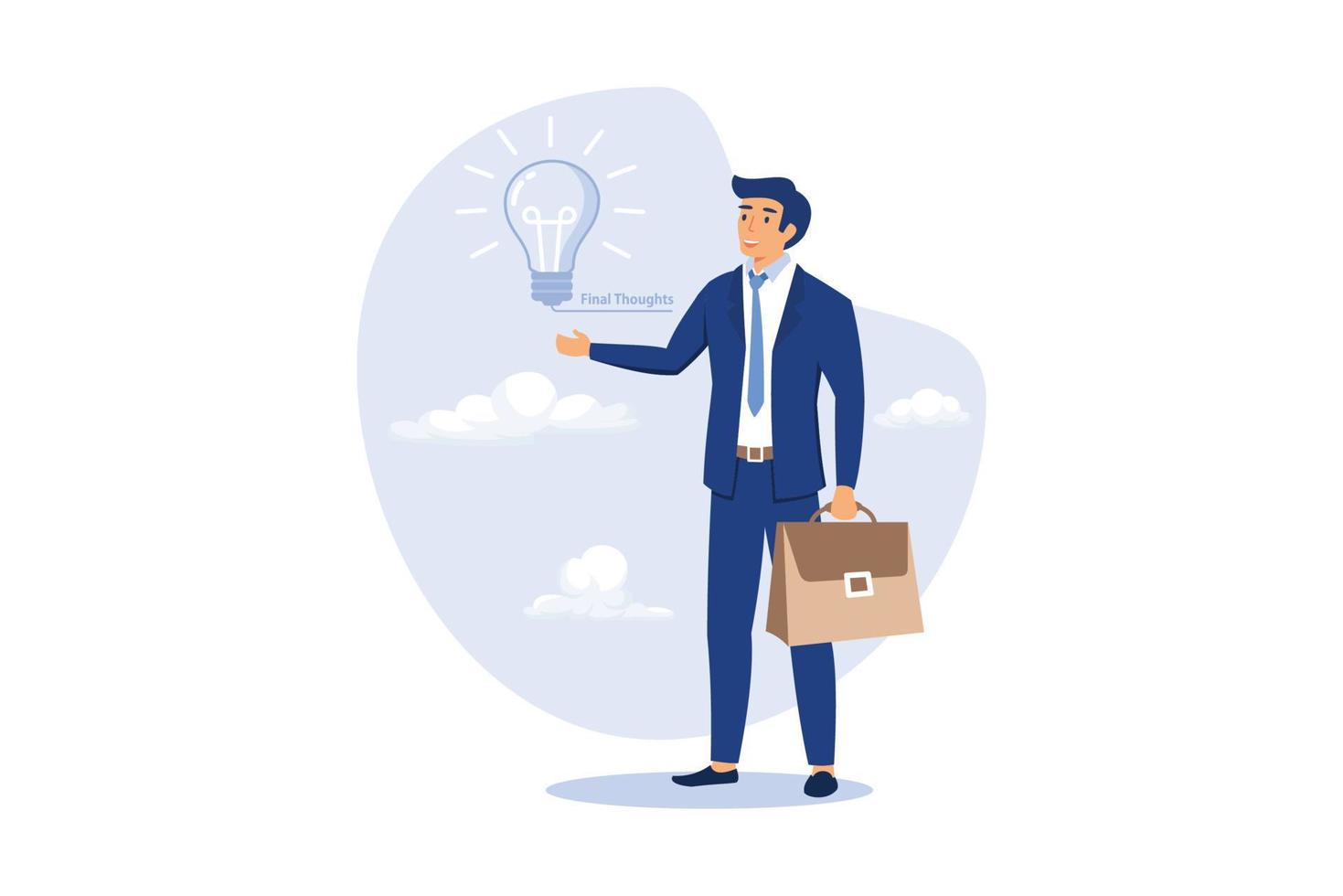 Final thoughts, conclusion or summary of all study topics, thinking about solutions, result, outcome or opinion from business case study concept, businessman with lightbulb idea of final thoughts. vector