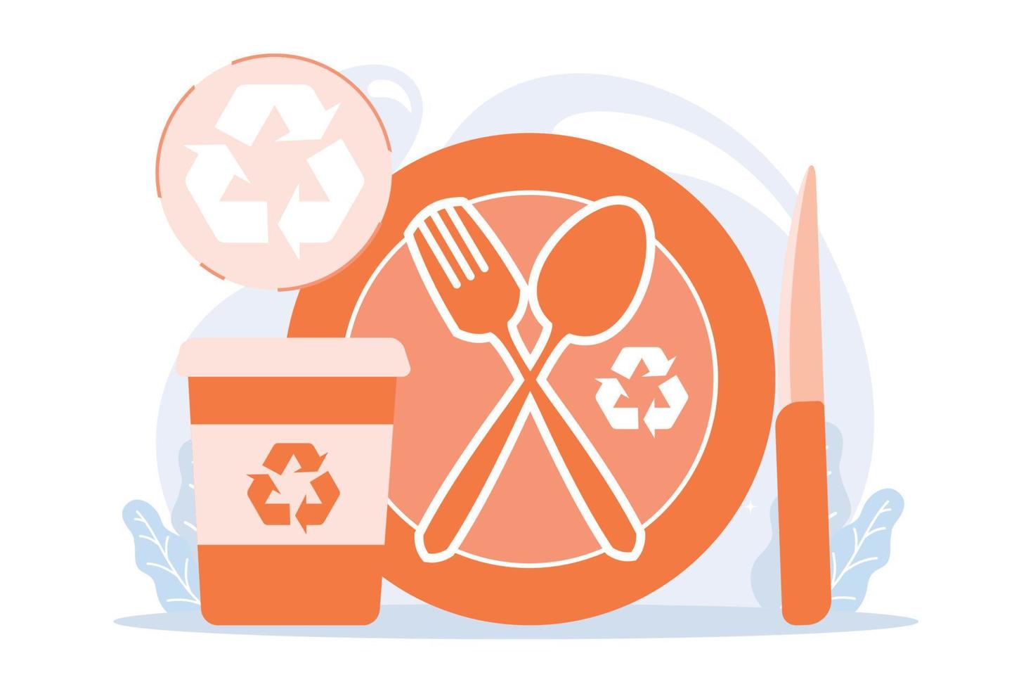 Eco friendly reusable tableware. Plastic free cutlery, ecological outdoor kitchenware, disposable paper cup. Cartoon recyclable plate, knife and fork. flat vector modern illustration