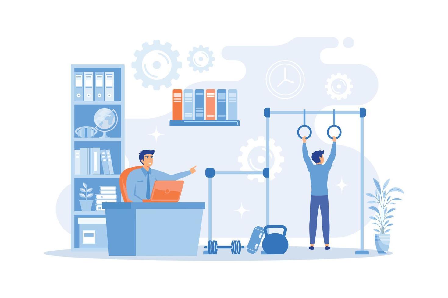 Businessman working and exercising in fitness-friendly office. Fitness-focused workspace, health-conscious workspace, modern office concept. vector