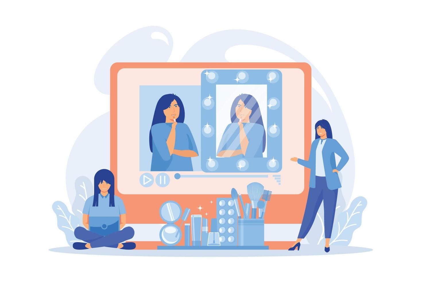 Female user watches beauty blogger showing latest trend makeup tutorial. Beauty blogger, beauty blog production, online beauty consultant concept.flat vector modern illustration