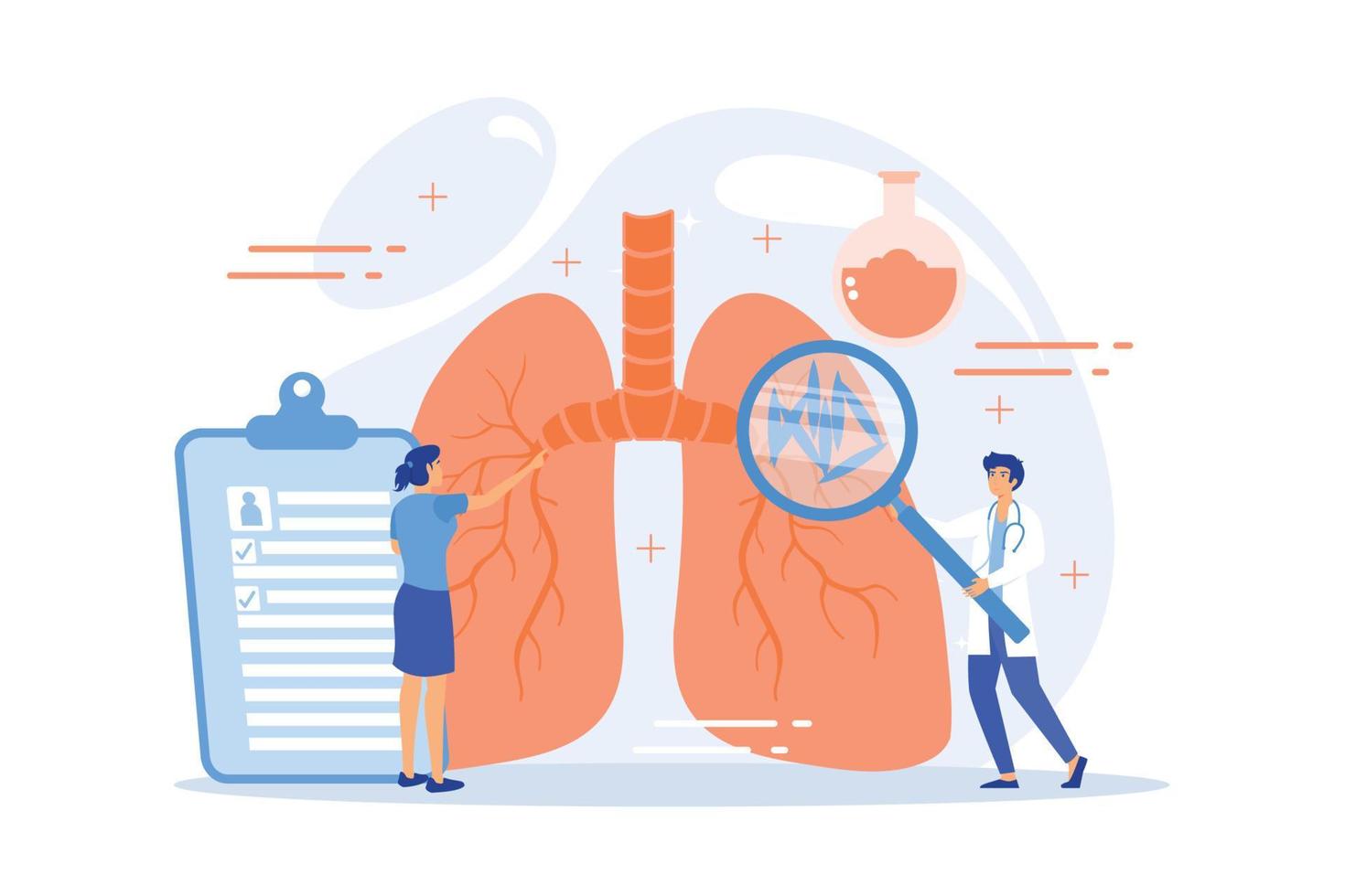 médico con lupa mirando bacterias en los pulmones. tuberculosis, mycobacterium tuberculosis y concepto del día mundial de la tuberculosis sobre fondo blanco. ilustración moderna de vector plano