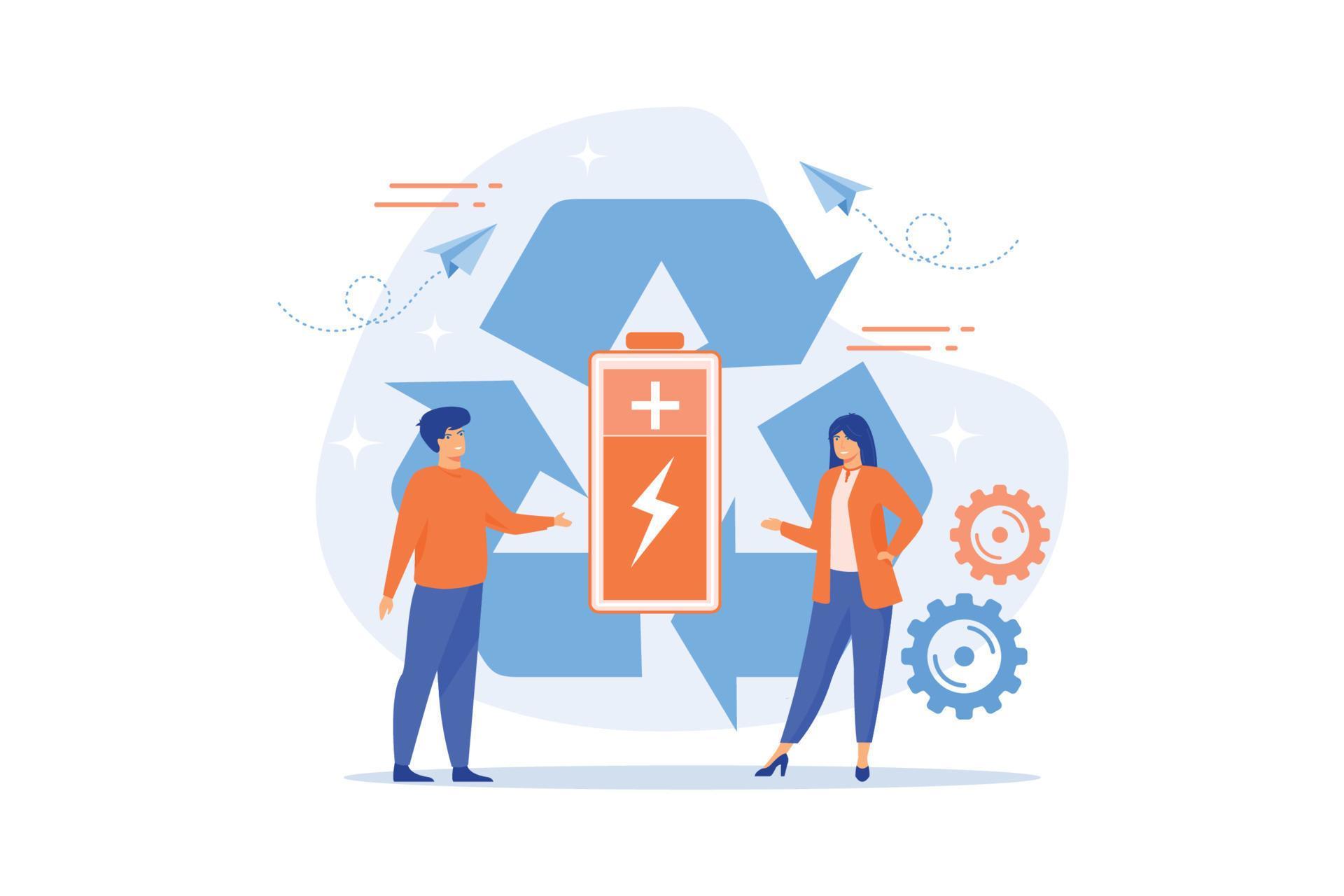 Businessman and woman using eco battery in recycle symbol. Eco battery