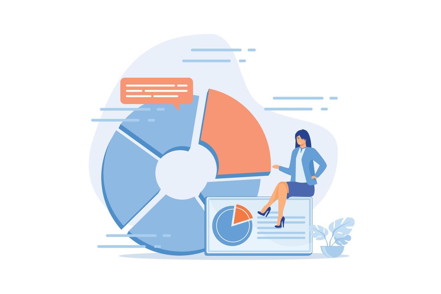 Presentación de negocios. análisis de datos, gráfico circular, visualización de infografías. informe analizando. personaje de empresario analizando estadísticas. ilustración moderna de vector plano