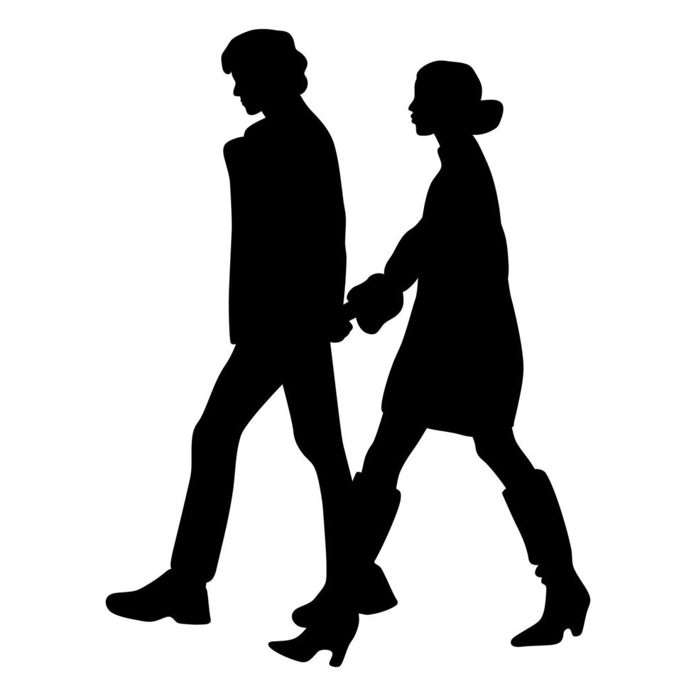 Silhouettes of man and woman walking together holding hands. Romantic couple on a formal date. Glamorous people on a stroll. vector