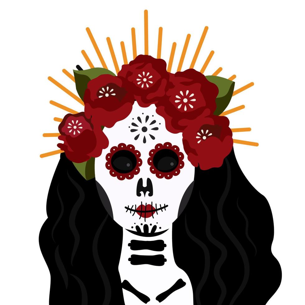mujer con rosas en la cabeza en forma de ilustración de vector de cráneo