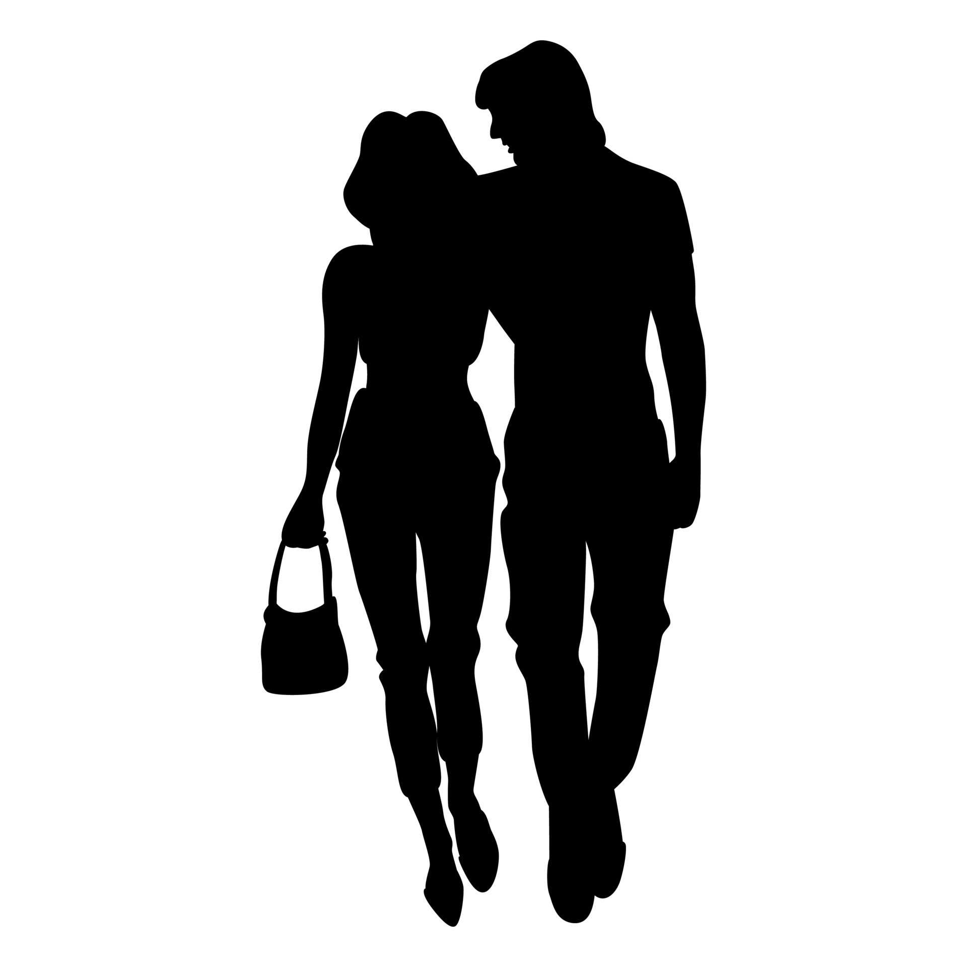 Detailed silhouettes of romantic couple walking together. Man and woman