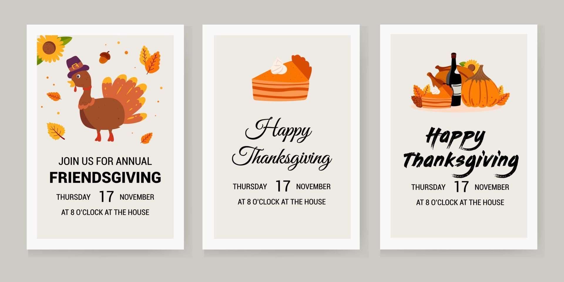 banners for Thanksgiving, with an illustration of a turkey and a festive pumpkin meal with wine vector