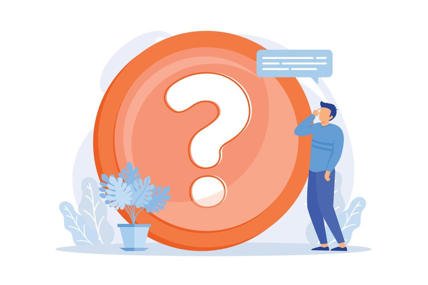 Website FAQ section. User helpdesk, customer support, frequently asked questions. Problem solution, quiz game Confused man cartoon character. vector