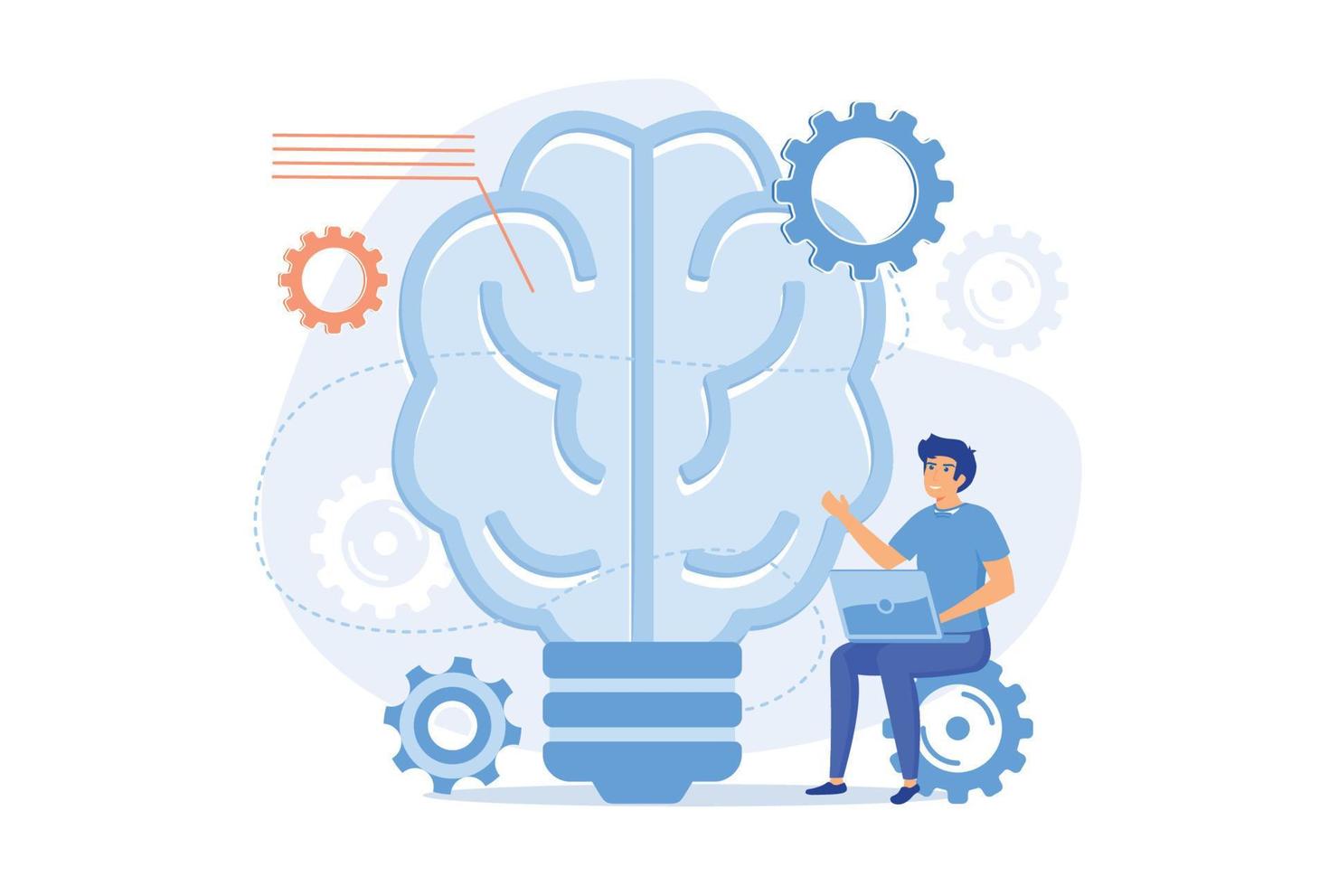 cerebro humano con engranajes pensando y usuarios. creación de ideas y pensamientos, lluvia de ideas, creatividad e ideas de negocios, concepto de pensamiento e invención vector