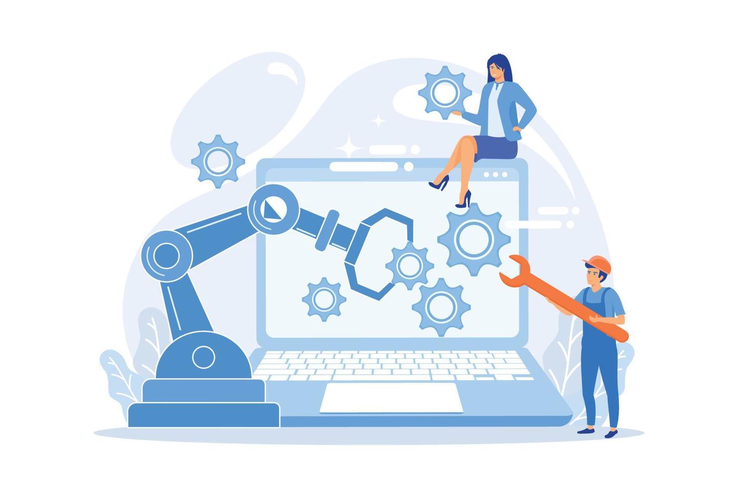 los humanos y el brazo robótico cobot colaboran en los engranajes de fijación de portátiles. robótica colaborativa, automatización de cobots, concepto de soluciones industriales seguras. ilustración moderna de vector plano