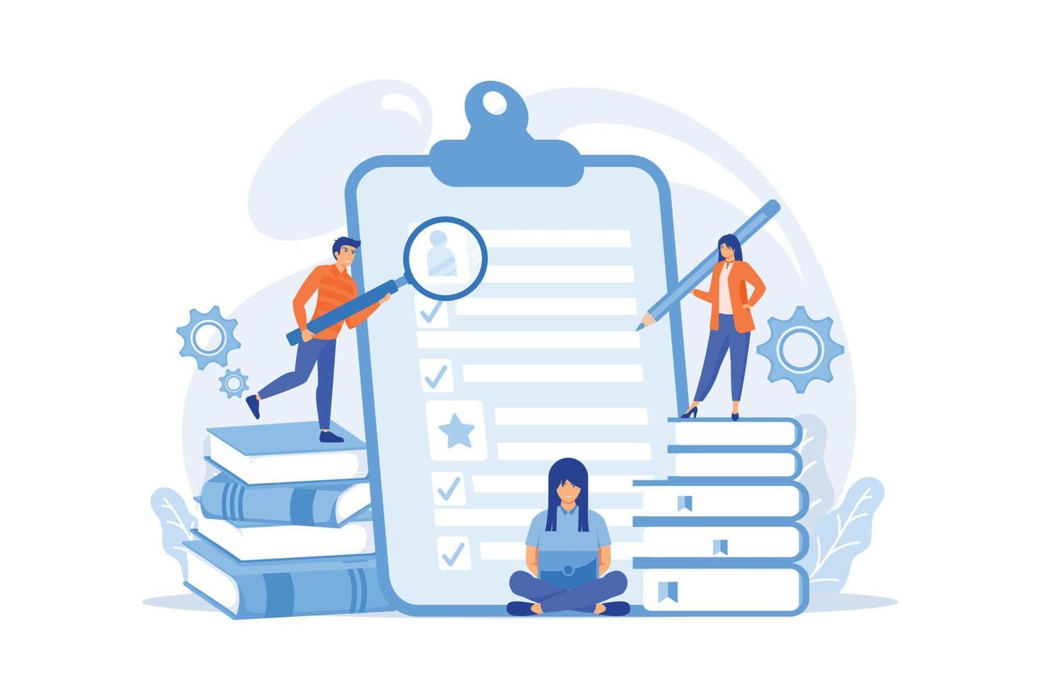 HR managers looking at curriculum vitae of job seeker as a concept of job interview, working experience, recruitment, job application. flat vector modern illustration