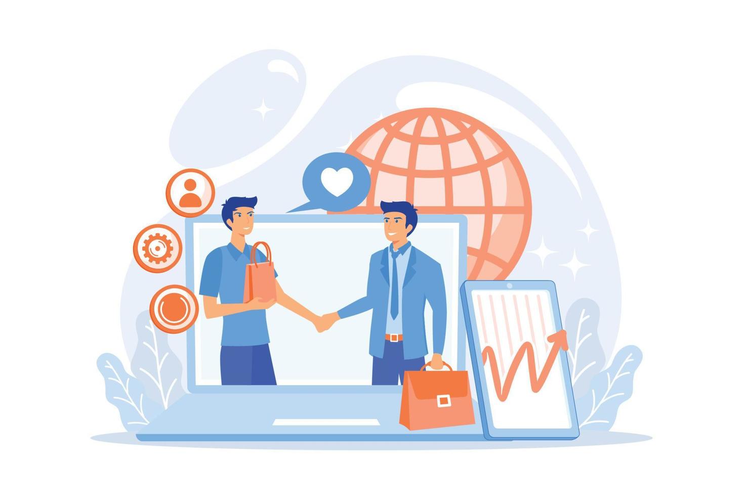 Manager shakes hands with customer, strategy for interactions with client. Customer relationship management, CRM system, CRM lead management concept. vector