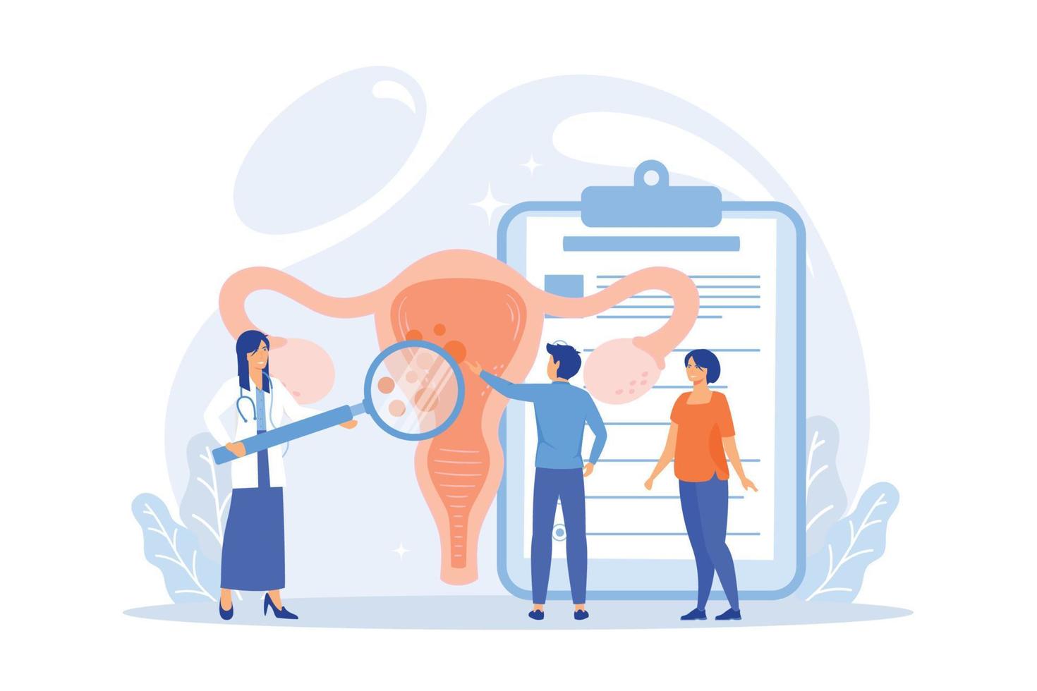 Doctors examine uterus with magnifier to treat endometriosis. Endometriosis, endometrium dysfunctionality, endometriosis treatment concept.flat vector modern illustration .