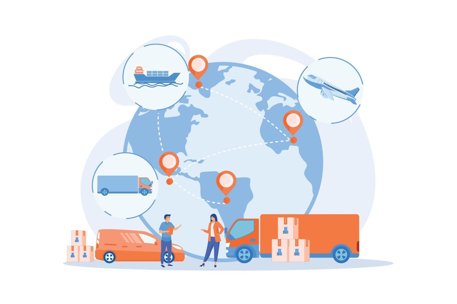 Envío internacional de mercancías de la tienda de Internet. sistema de transporte global, logística y distribución mundial, concepto de servicio de entrega mundial. vector