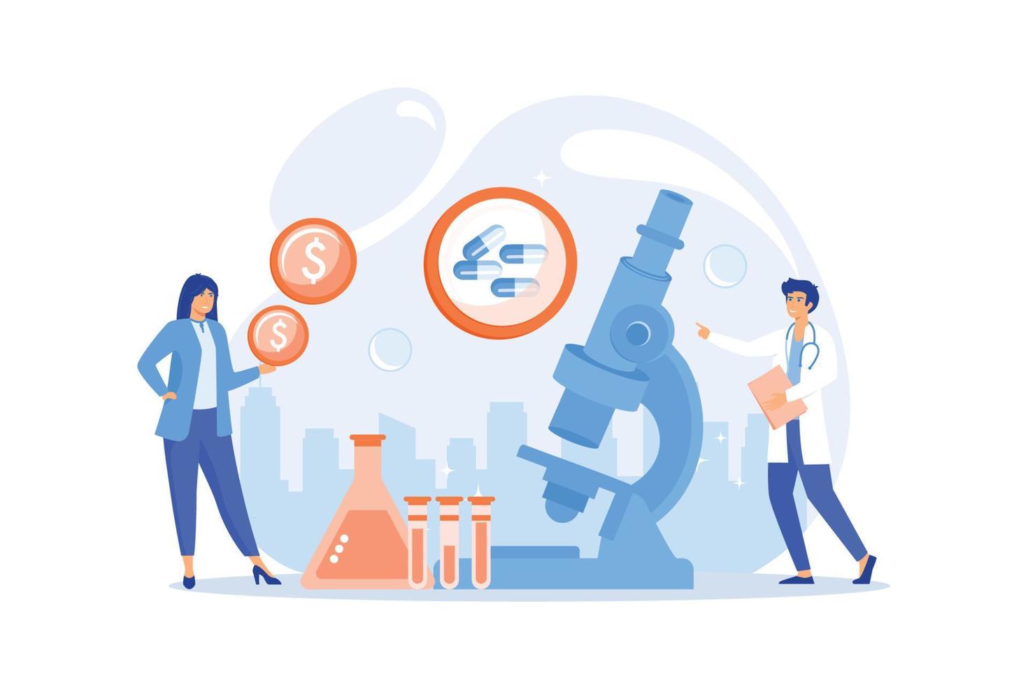 Tiny people scientists in the lab produce pharmaceutical drugs. Pharmacological business, pharmaceutical industry, pharmacological service concept.flat vector modern illustration