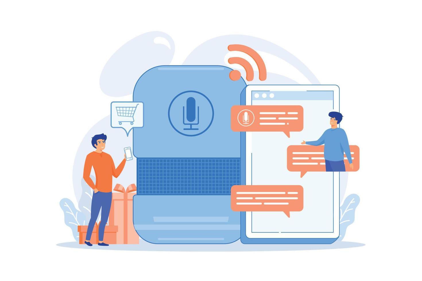 Customer shopping online, ordering goods and delivery with smart speaker. Voice activated digital assistants, voice controlled online shopping concept. flat vector modern illistration