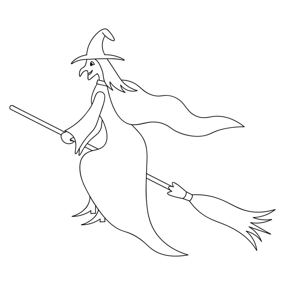 The witch flies on a broomstick. Sketch. Grandmother with a long hooked nose. All Saints' Day. Smiling witch. Charming Baba Yaga. Vector illustration. Doodle style. Coloring book. Halloween symbol.