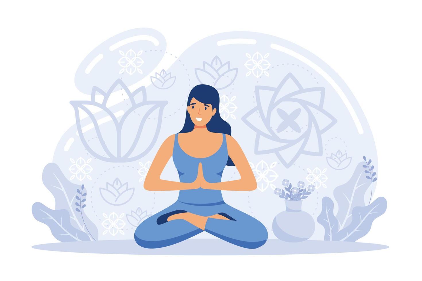 Meditation online. Self-management, self regulation learning, self-organization course, control over emotions Online yoga at home meditating Deals with stress management, zen and harmony  illustration vector