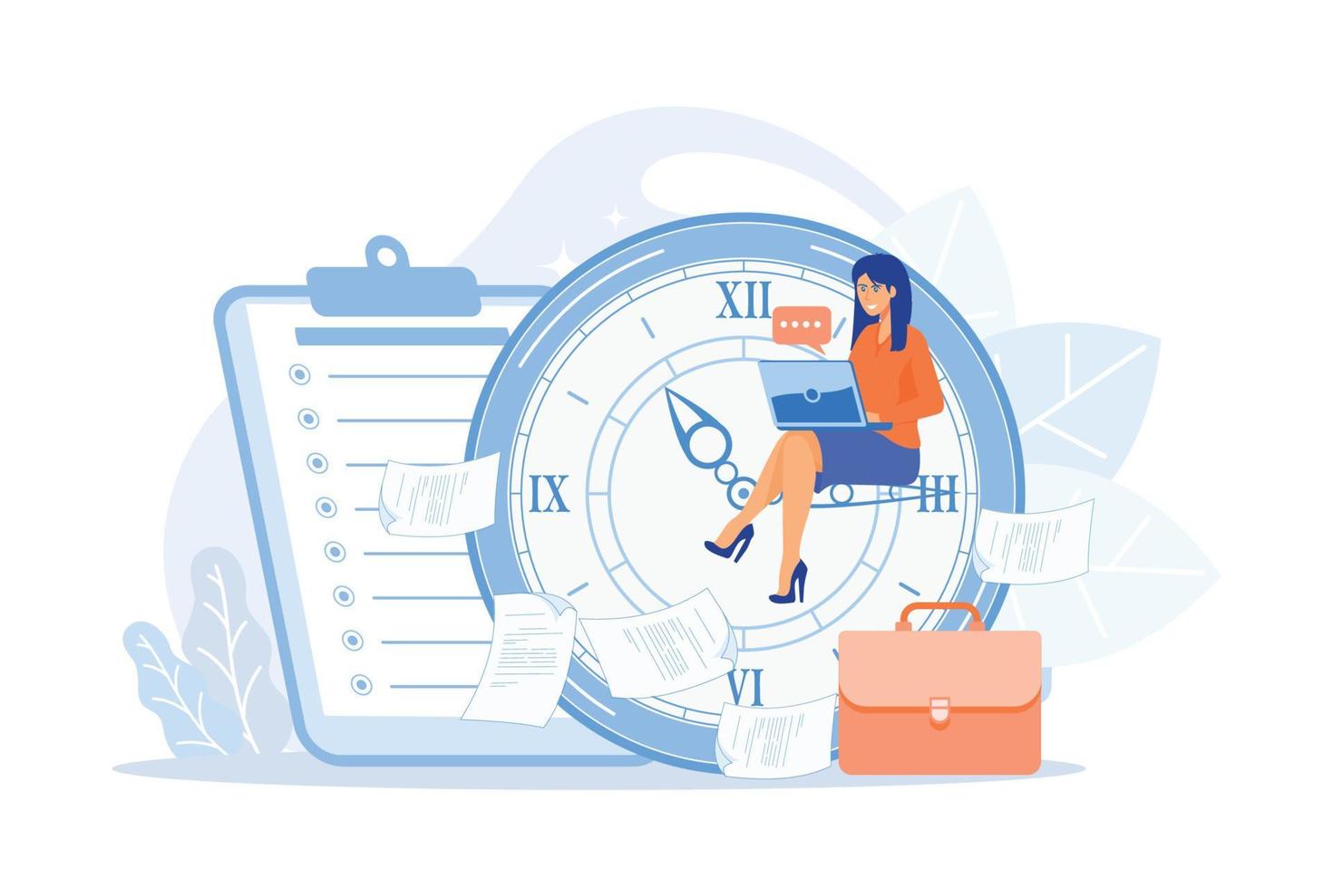 A freelance developer sitting on the clock hands with a laptop. Time management, productivity, efficiency, work rate, perfomance concept. flat vector modern illustrationflat vector modern illustration