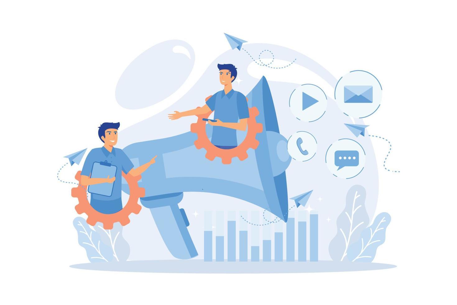 Pr managers communicate and huge megaphone. Public relations and affairs, communication, pr agency and jobs concept on white background. flat vector modern illustration