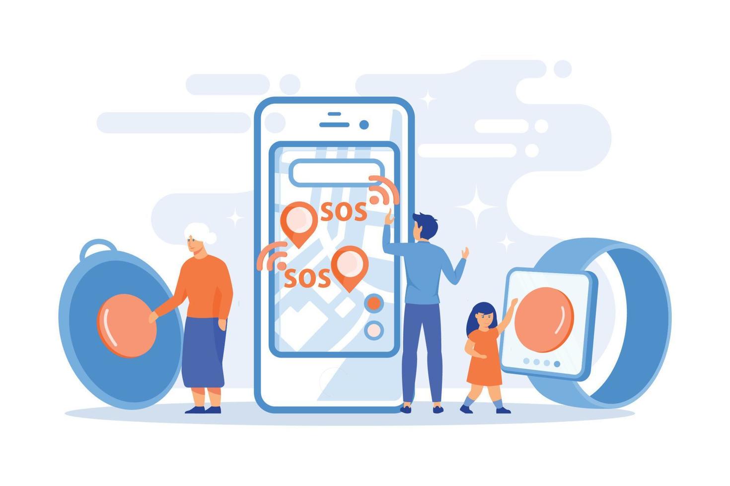 la gente se pierde, en problemas. botón de emergencia personal, botón gps sos incorporado, solución de seguridad personal, cuidado de sus hijos y concepto de personas mayores. vector