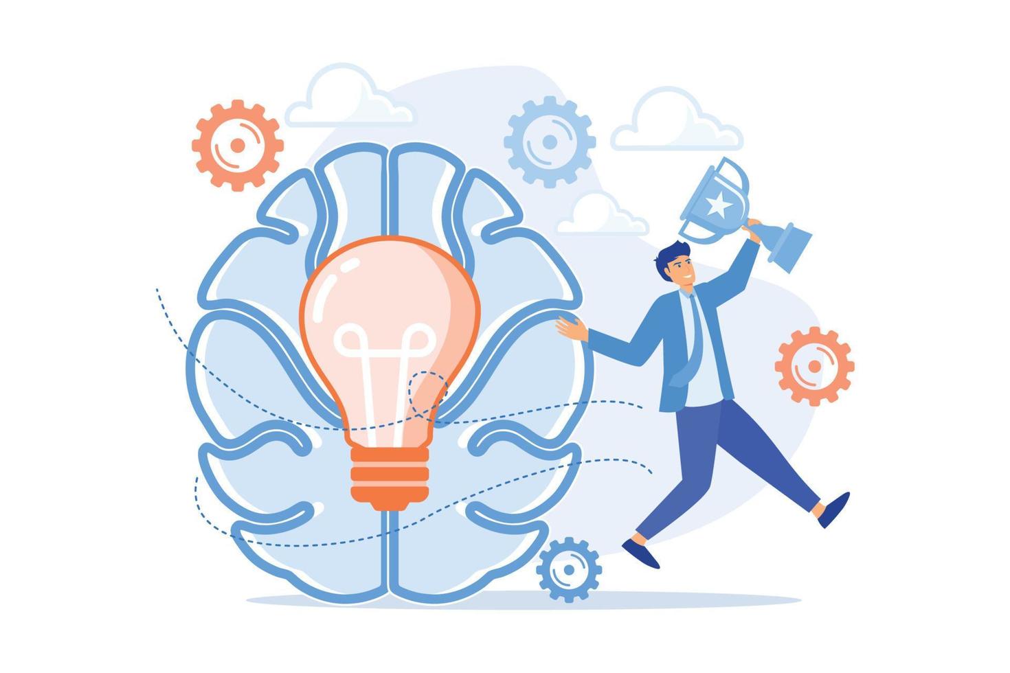 Brain with bulb and user jumps carrying cup. Challenge and move for success, confidence and winning competition, motivation and goals achievement concept. flat vector modern illistration