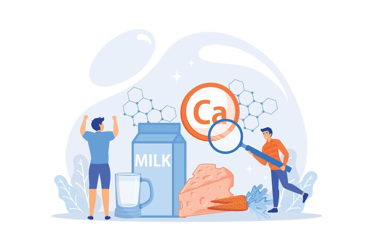 Tiny people, healthy sportsman with organic food high in calcium. Uses of calcium, calcium dietary supplement, strong bones and teeth concept. flat vector modern illustration
