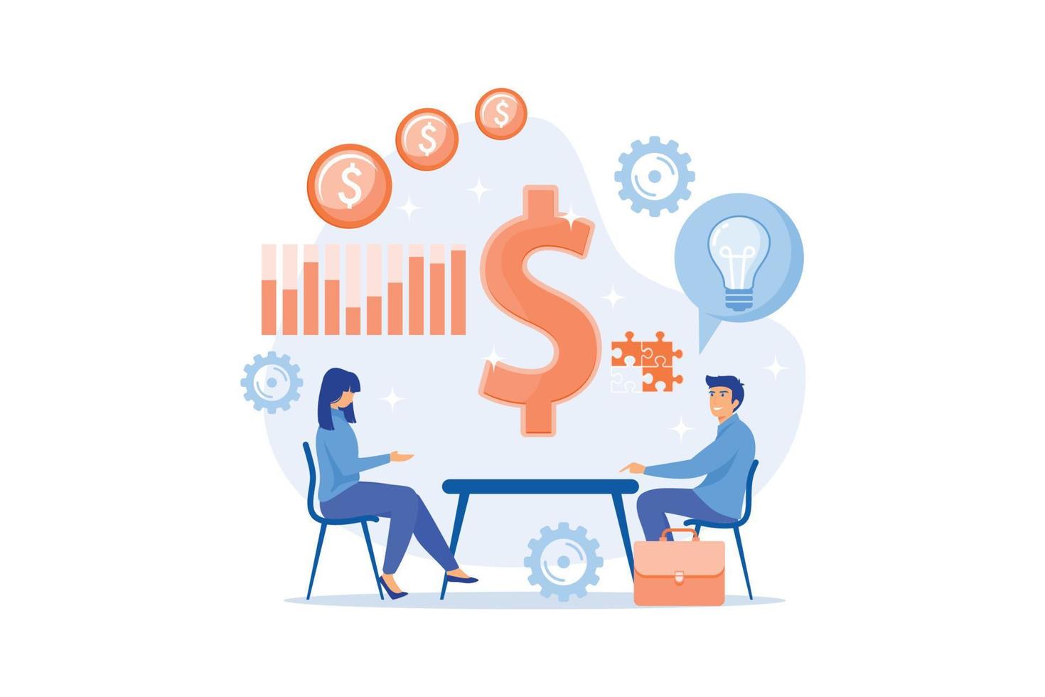 Salesperson suggesting a solution idea to consumers problem. Consultative sales, customer-oriented selling, trendy sales method concept.flat vector modern illustration