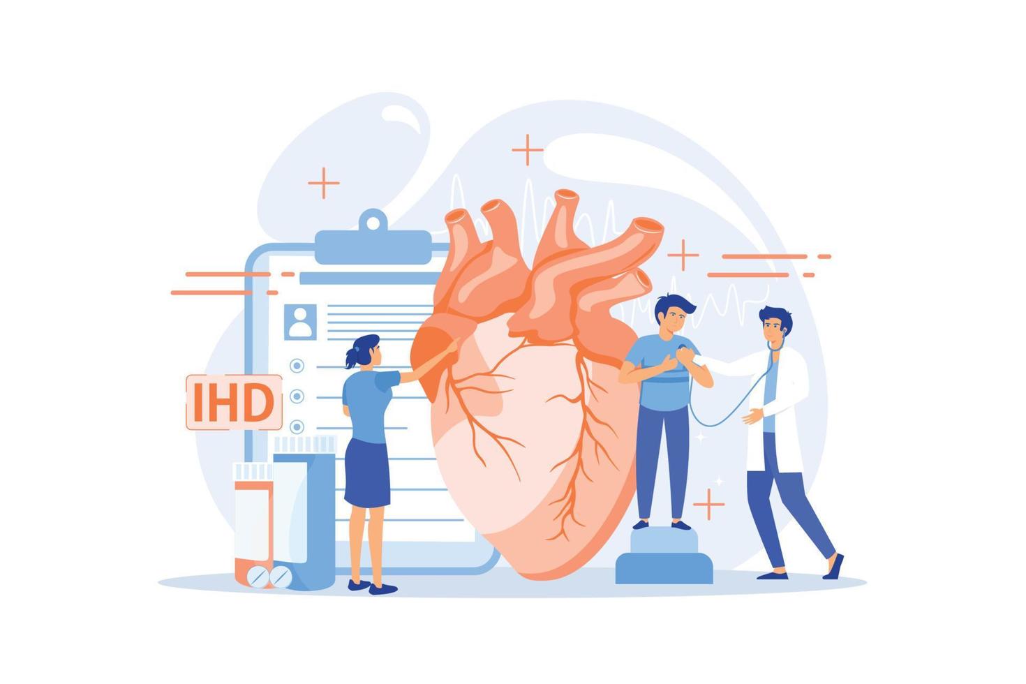 Complicaciones del sistema circulatorio. cardiólogos que estudian órganos humanos. enfermedad cardíaca, enfermedad isquémica del corazón, concepto de enfermedad de la arteria coronaria. ilustración moderna de vector plano