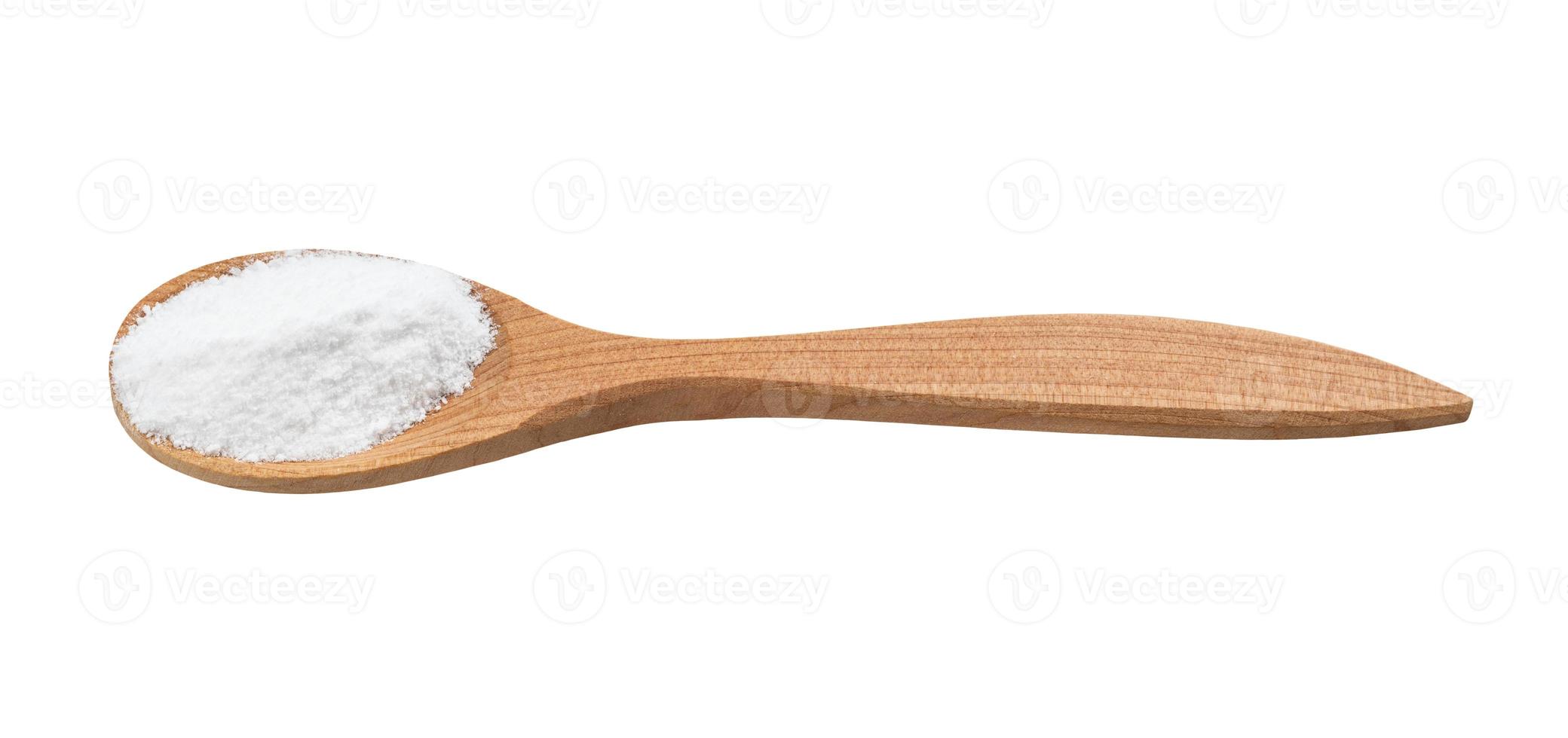 vanillin powder in wooden spoon isolated on white photo