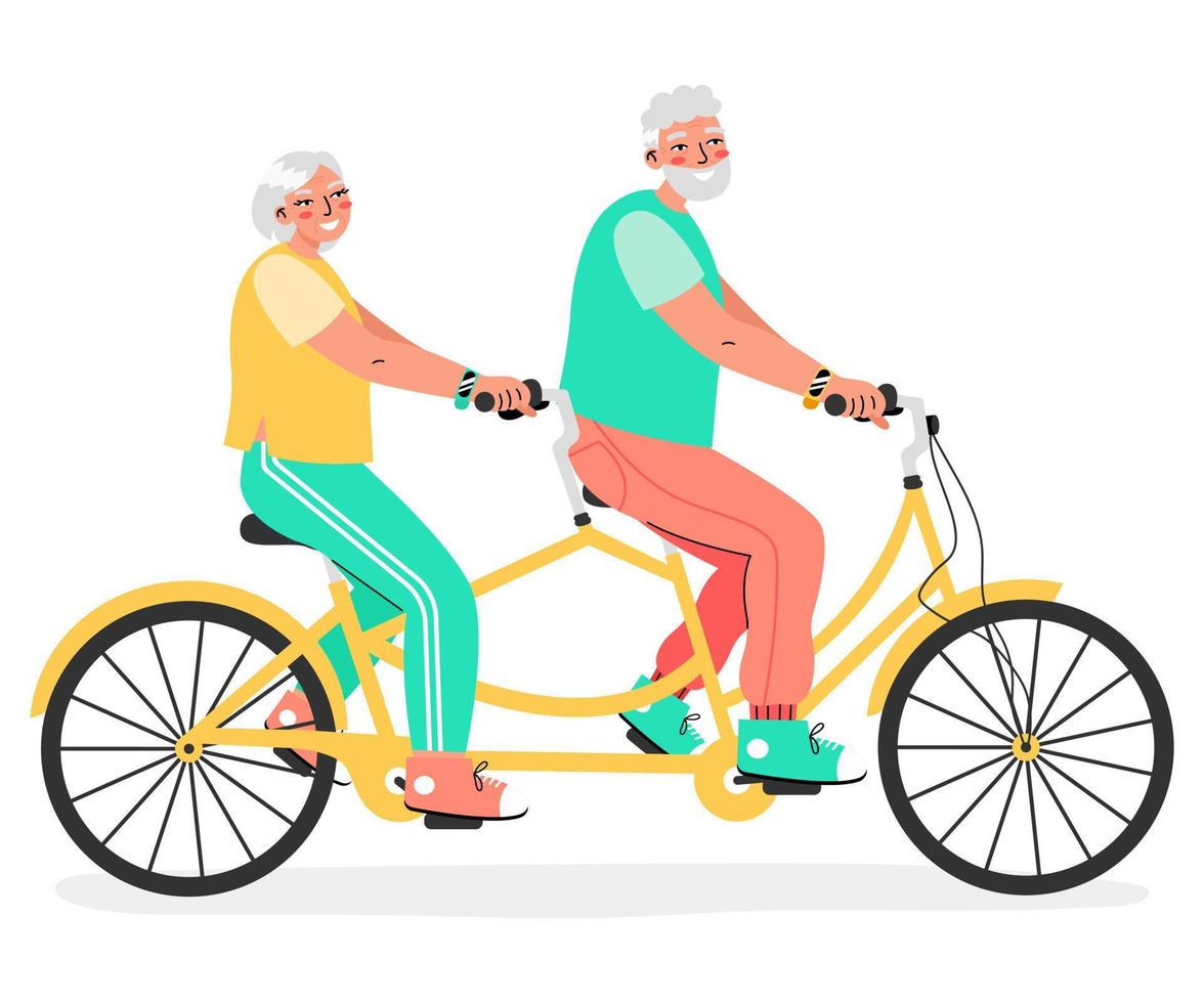 una alegre pareja de ancianos positivos monta una bicicleta tándem con un rastreador de fitness aislado en un fondo blanco. reloj inteligente para el concepto de personas mayores. vejez activa. vector