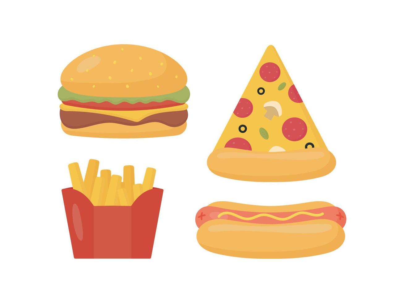 conjunto de comida rápida. ilustración vectorial sobre un fondo blanco. para menú, carteles, pancartas, impresión en el paquete, impresión en ropa, tela, papel tapiz. vector